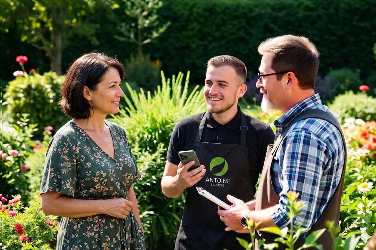 Paysagiste en échange avec un client